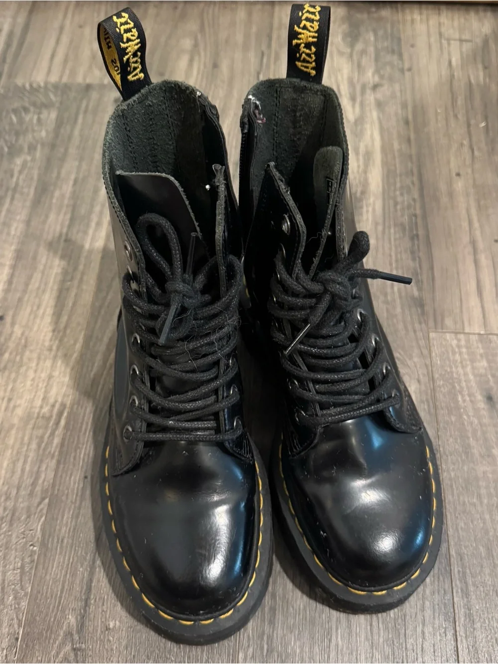 Dr. Martens Black Platform Combat Boots with Yellow Stitching